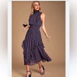 Lulus Evalina Navy Blue Floral Print Mock Neck Midi Dress